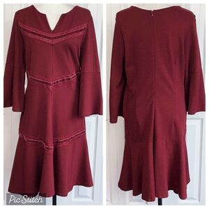 Suzanne Betro Maroon Red Ponte Knit Lace Velvet Tiered Flare Dress XL
